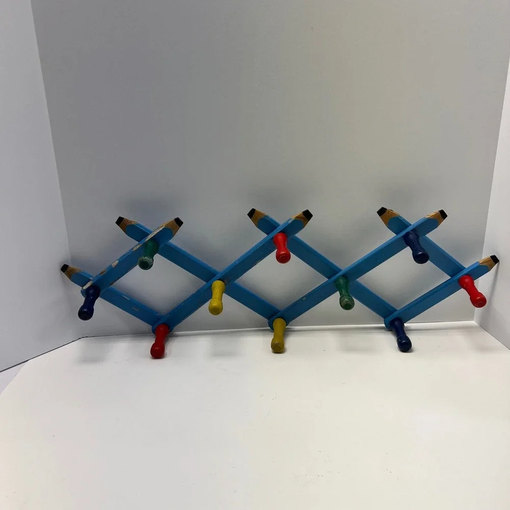 Vintage Pencil‎ Accordion Wall Rack Kids Nursery Blue Wooden Folding Peg Rail